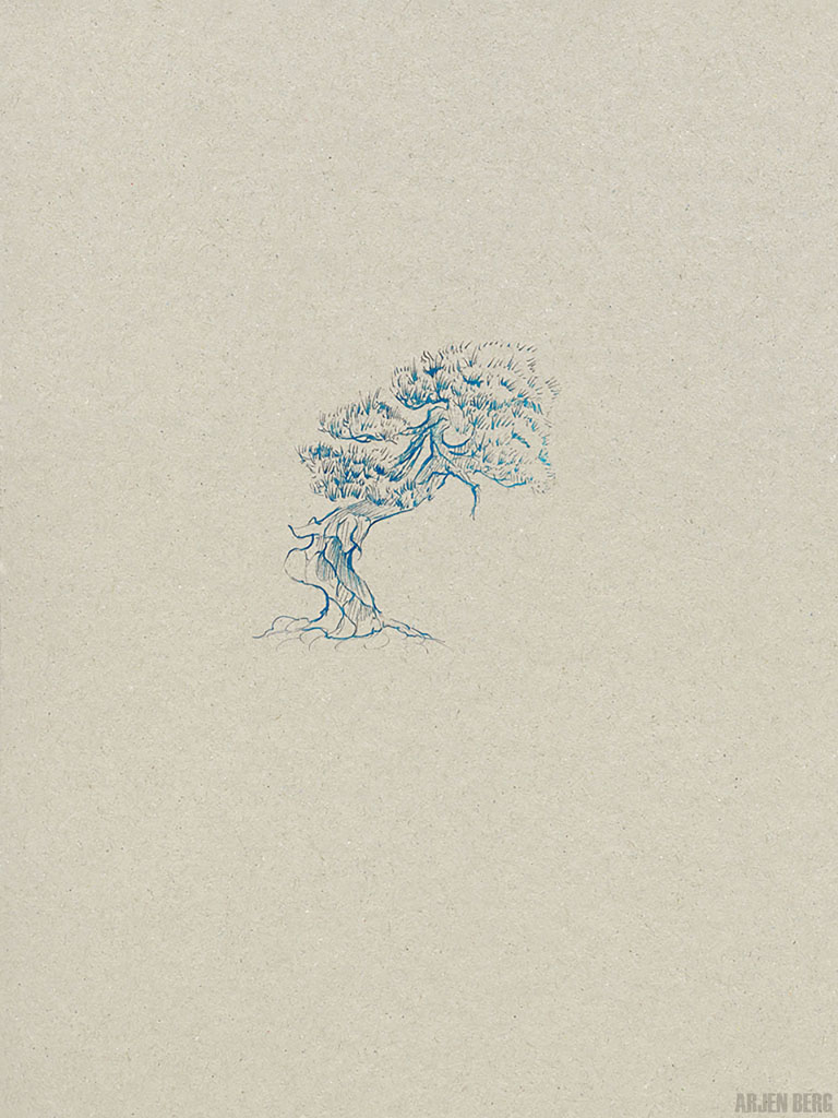 Bonsai tree drawing in blue ink on toned paper