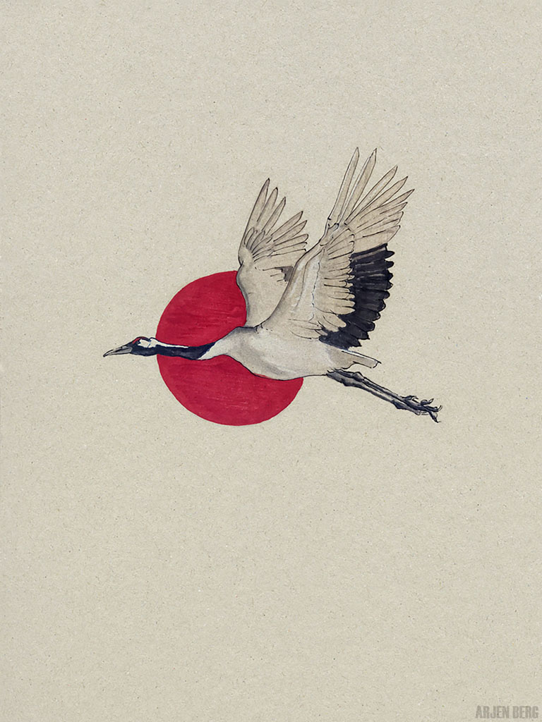 Cranebird flying in black ink and markers on toned paper