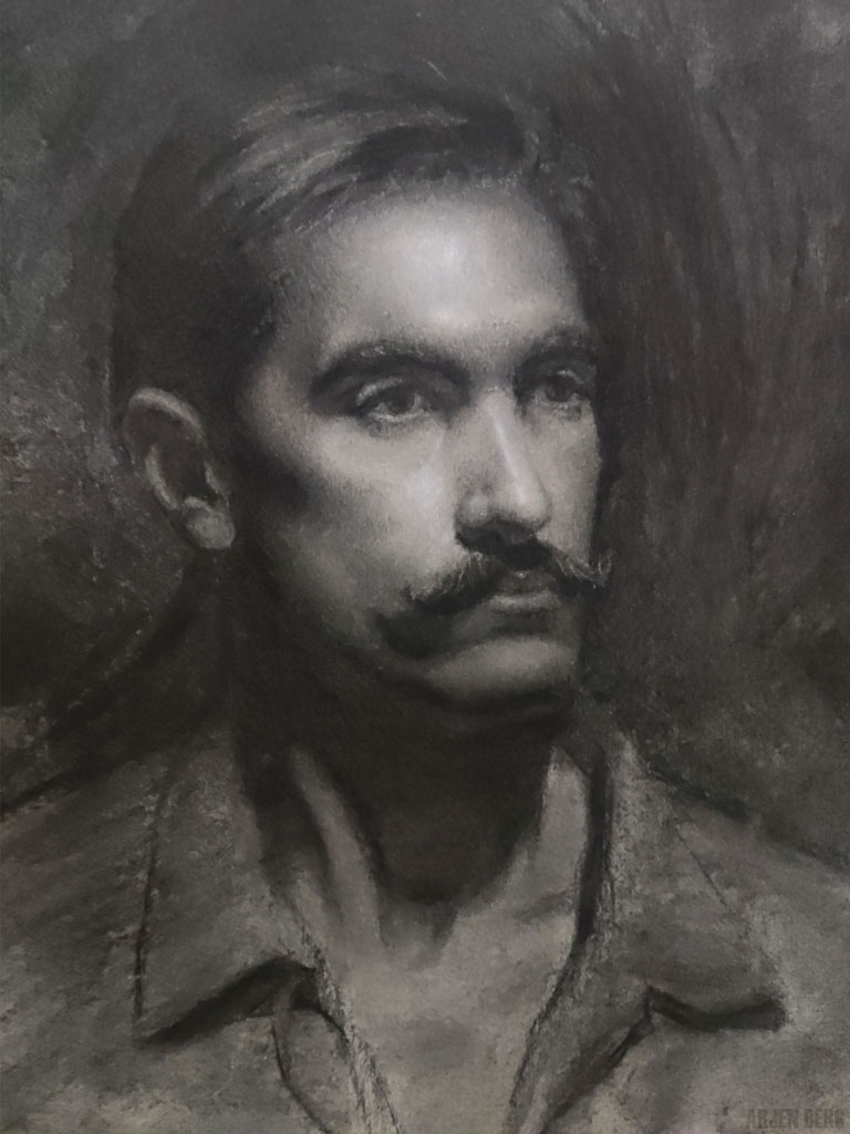 Portrait study on toned inked Fabriano paper with Nitram Charcoal.